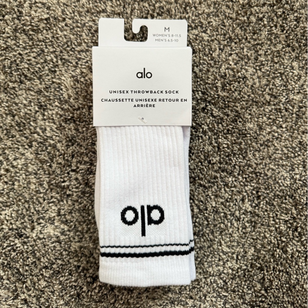 ALO Yoga White Athletic Crew Socks with Black Logo and Stripe